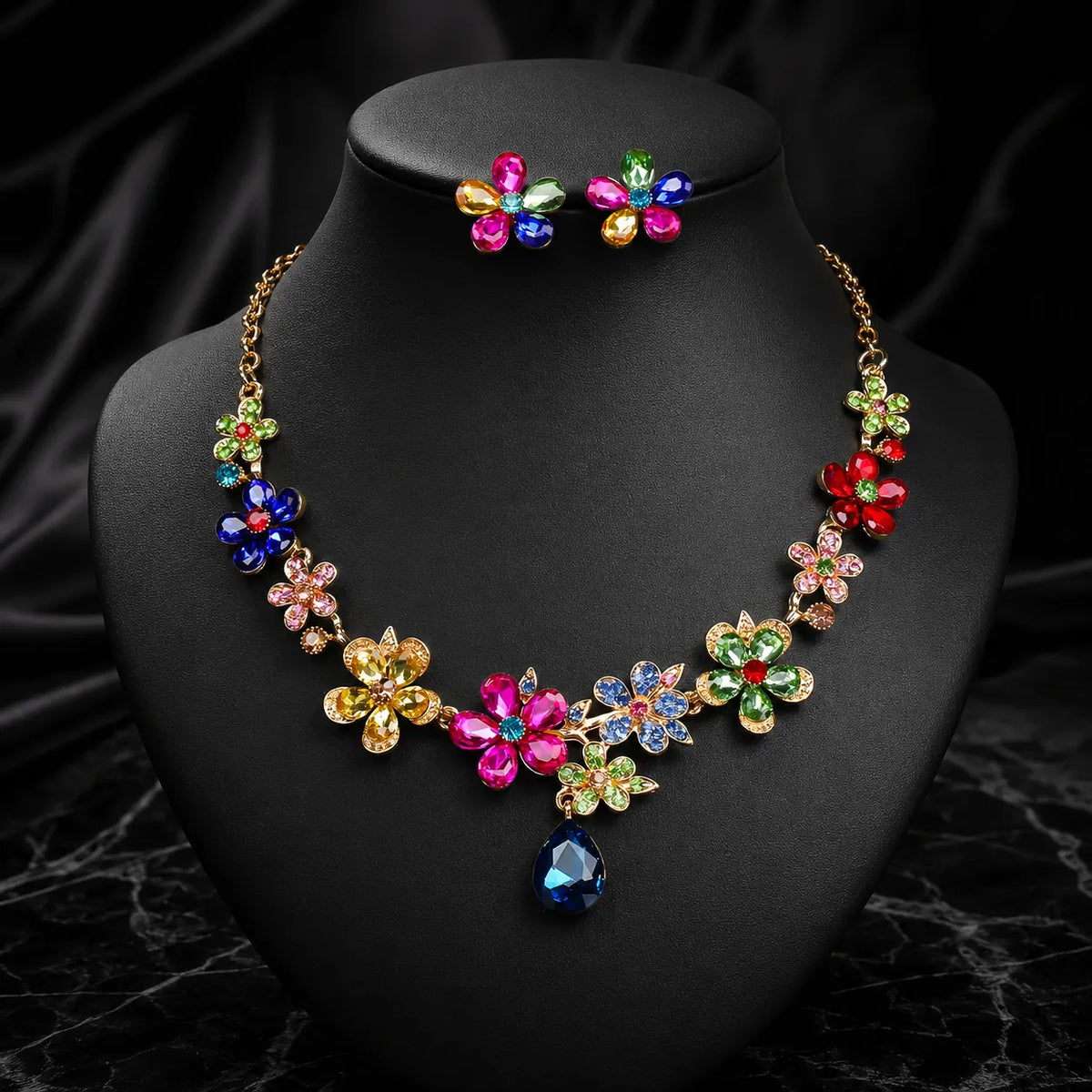 Parure Collier Boucles d'Oreilles Fleur en Cristal Vintage