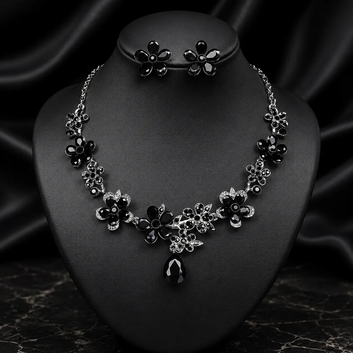Parure Collier Boucles d'Oreilles Fleur en Cristal Vintage