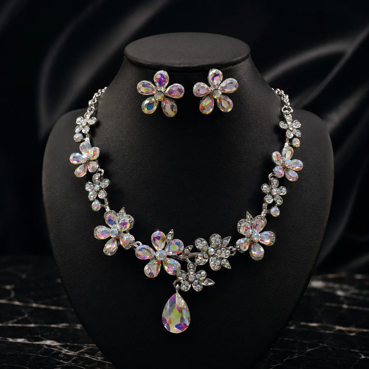 Parure Collier Boucles d'Oreilles Fleur en Cristal Vintage