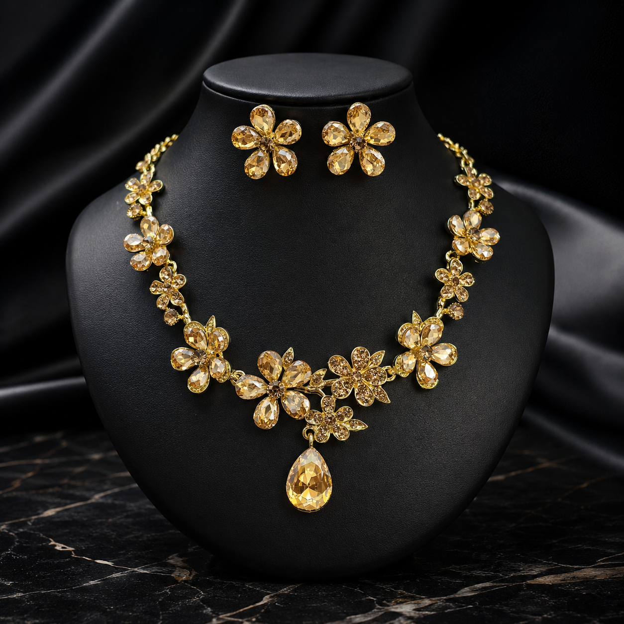 Multicolor Flower Crystal Necklace Earrings Set Gold Plated Statement Jewelry for Women Party Wedding Jewelry Set