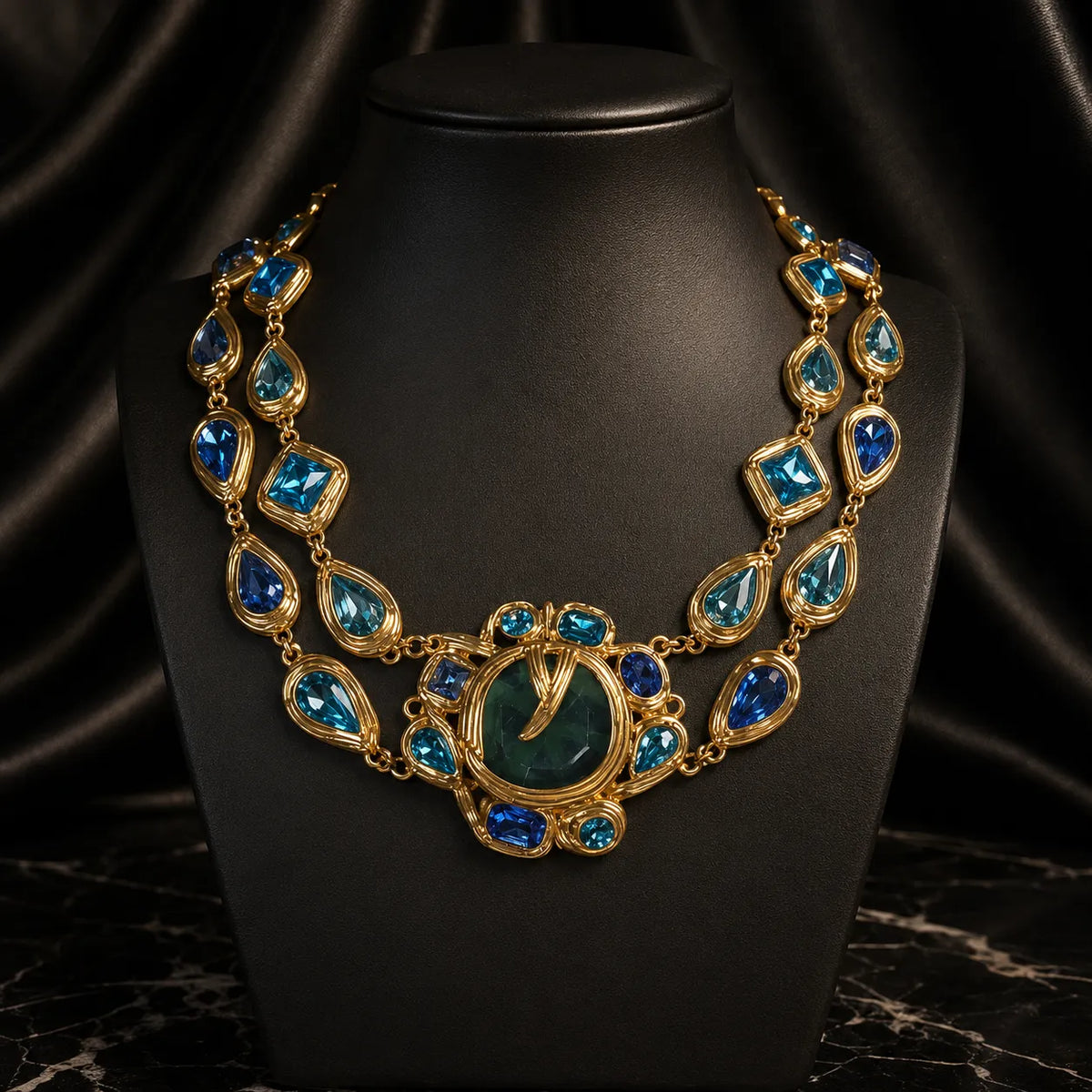 Parure Collier et Bracelet Cristal Bleu-Vert Paon de Luxe