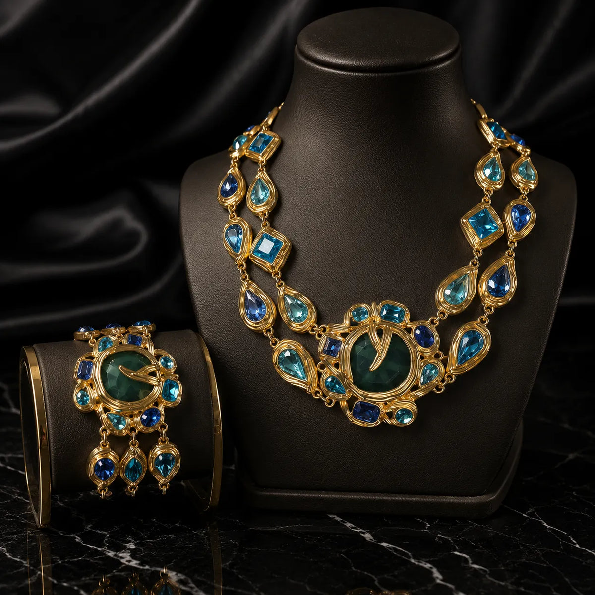 Parure Collier et Bracelet Cristal Bleu-Vert Paon de Luxe