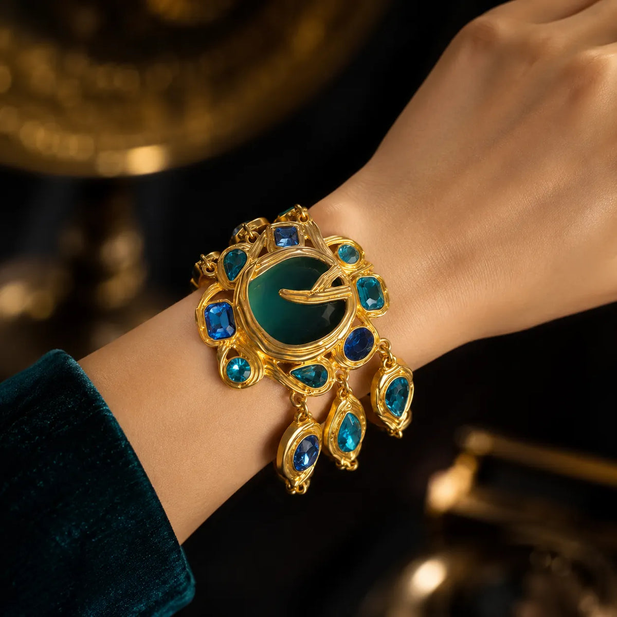 Parure Collier et Bracelet Cristal Bleu-Vert Paon de Luxe