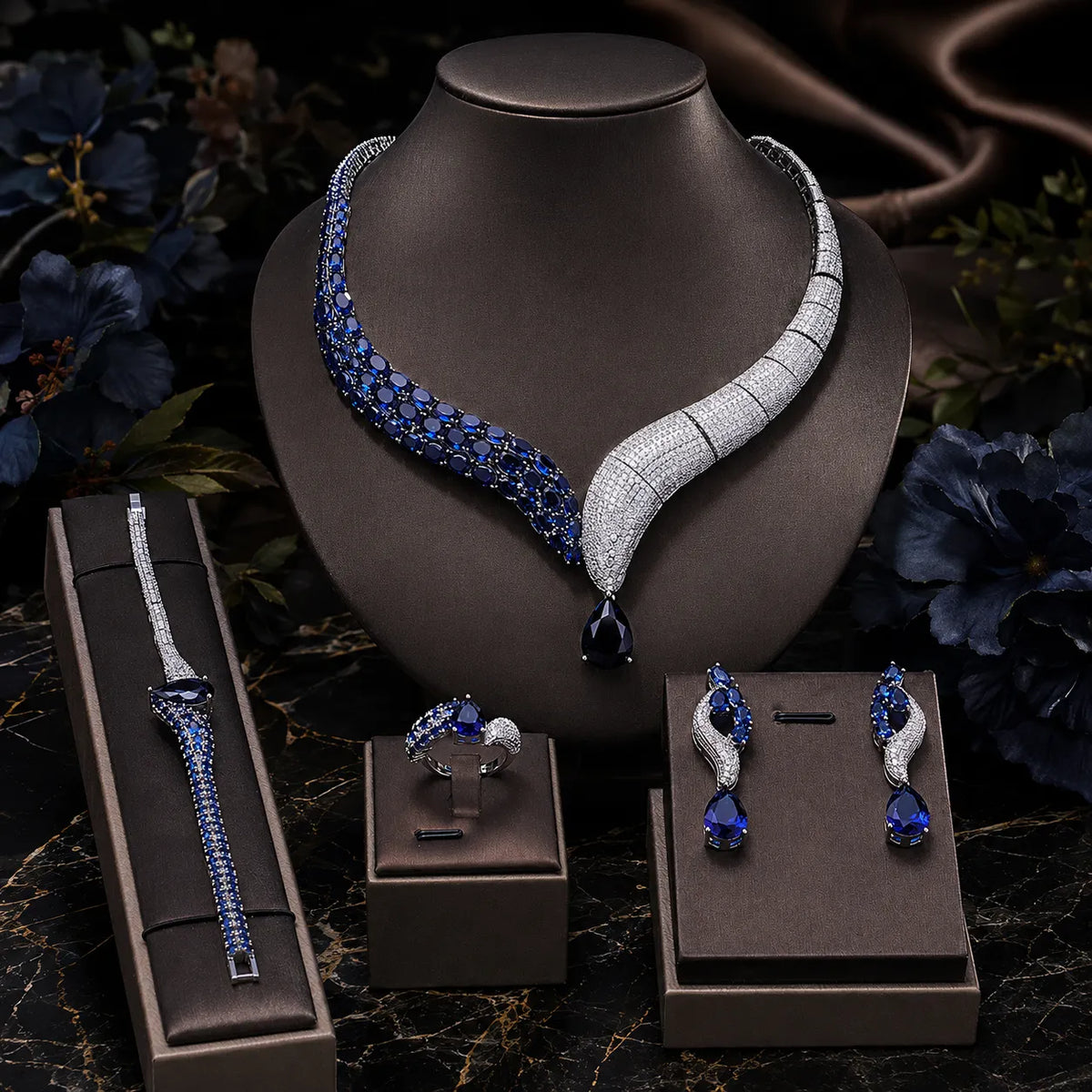 Parure de bijoux de luxe en perles et cristaux bleu sarcelle pour soirée