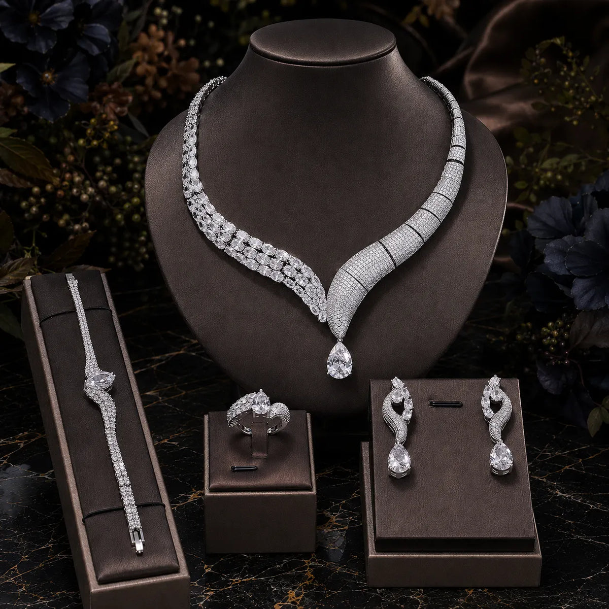 Parure de bijoux de luxe en perles et cristaux bleu sarcelle pour soirée