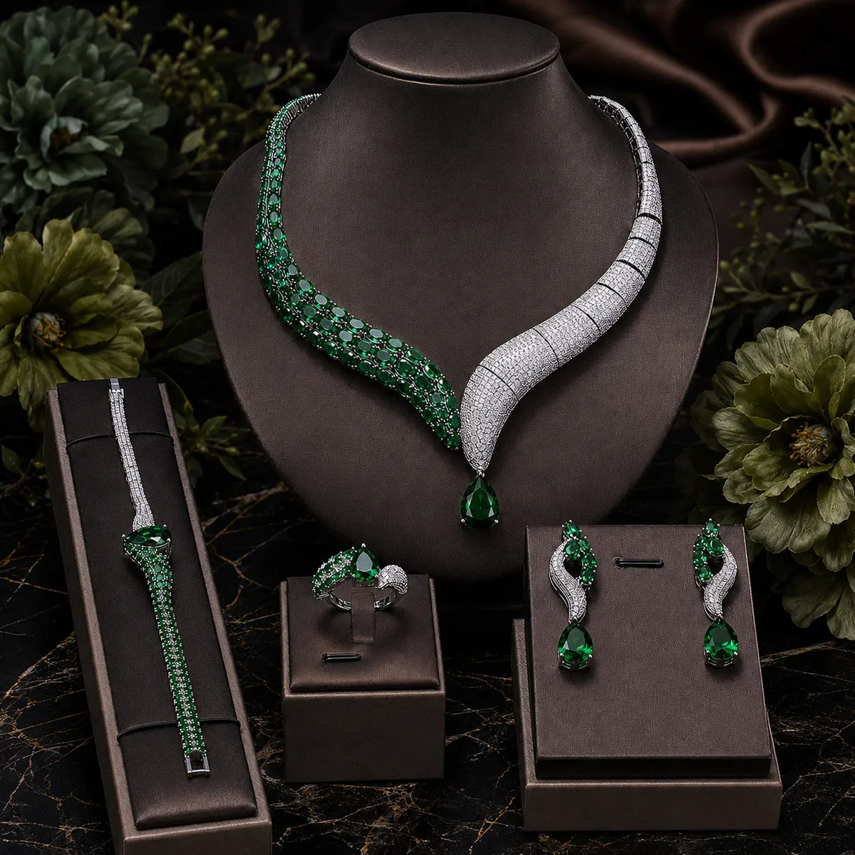 Parure de bijoux de luxe en perles et cristaux bleu sarcelle pour soirée