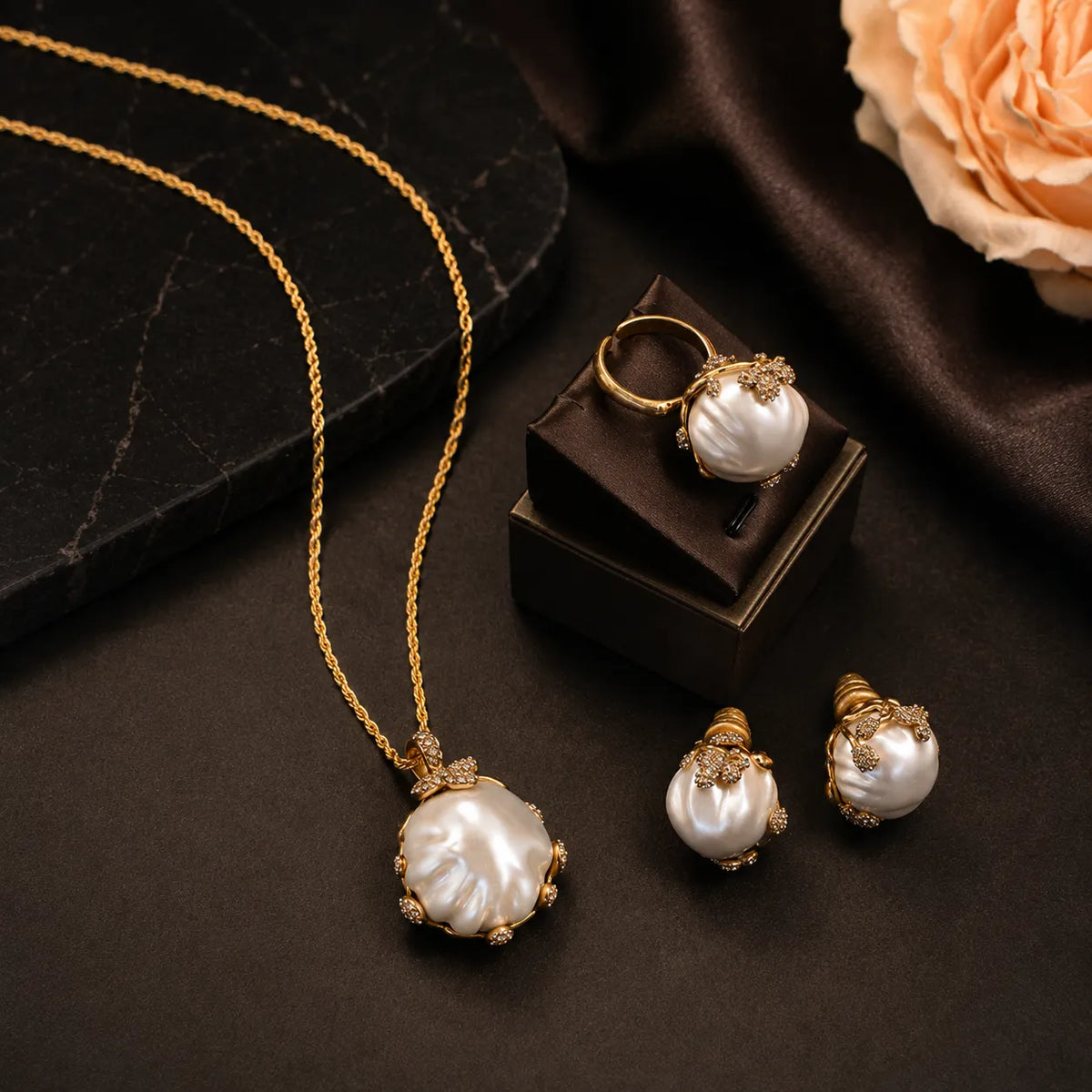 Luxury Baroque Pearl Necklace Ring and Earrings Jewelry Set for Women