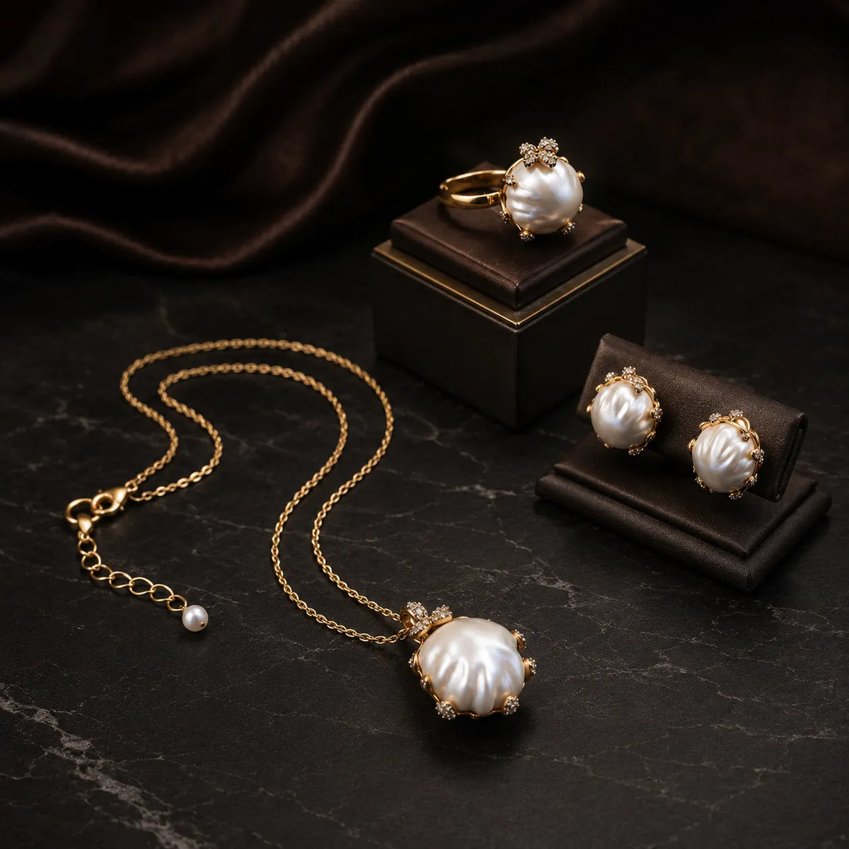 Luxury Baroque Pearl Necklace Ring and Earrings Jewelry Set for Women