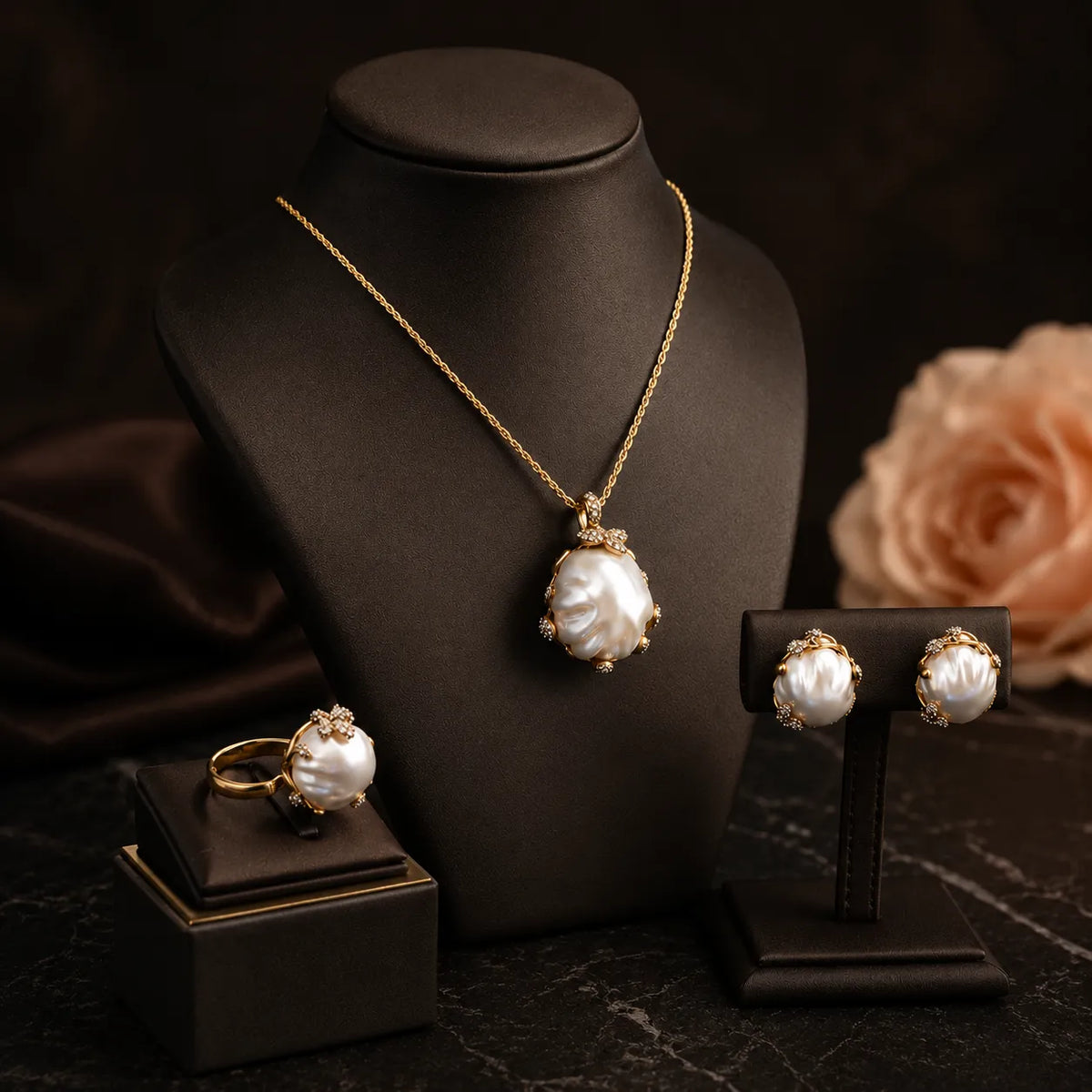 Luxury Baroque Pearl Necklace Ring and Earrings Jewelry Set for Women