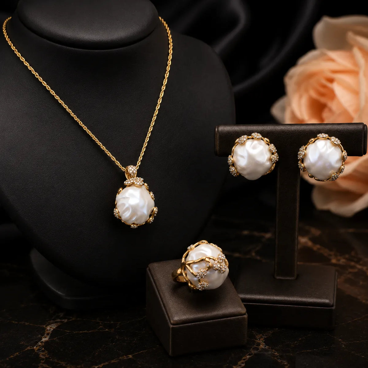 Luxury Baroque Pearl Necklace Ring and Earrings Jewelry Set for Women