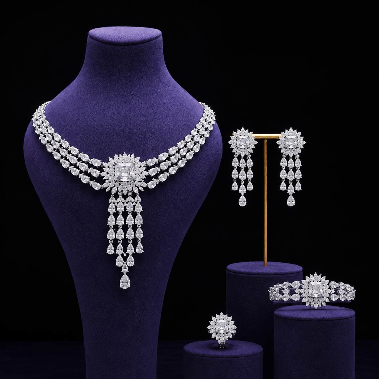 Luxury Green Crystal Necklace Earrings Bracelet Ring Jewelry Set