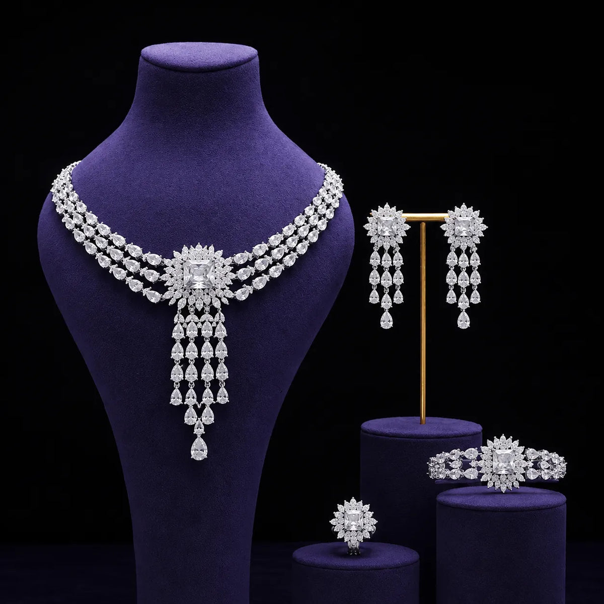 Luxury Green Crystal Necklace Earrings Bracelet Ring Jewelry Set