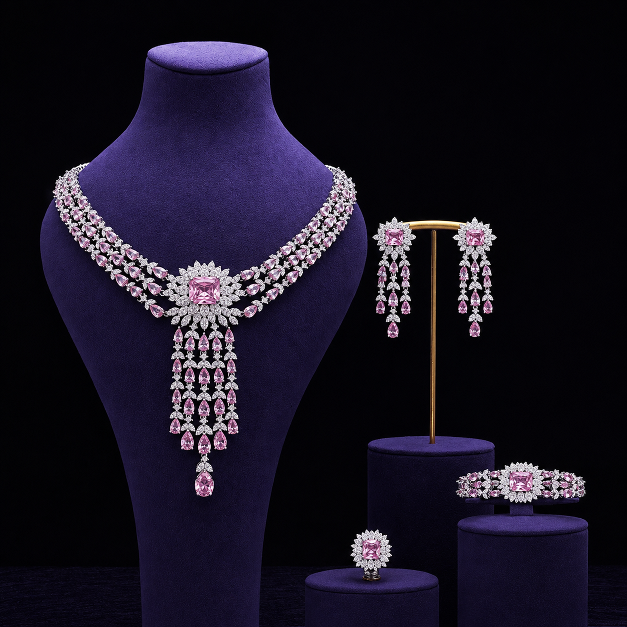 Luxury Green Crystal Necklace Earrings Bracelet Ring Jewelry Set