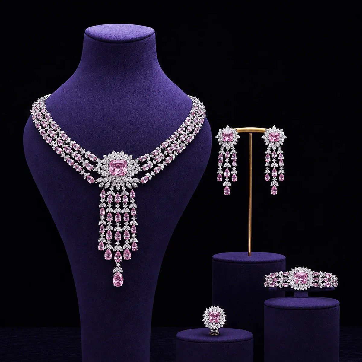 Luxury Green Crystal Necklace Earrings Bracelet Ring Jewelry Set