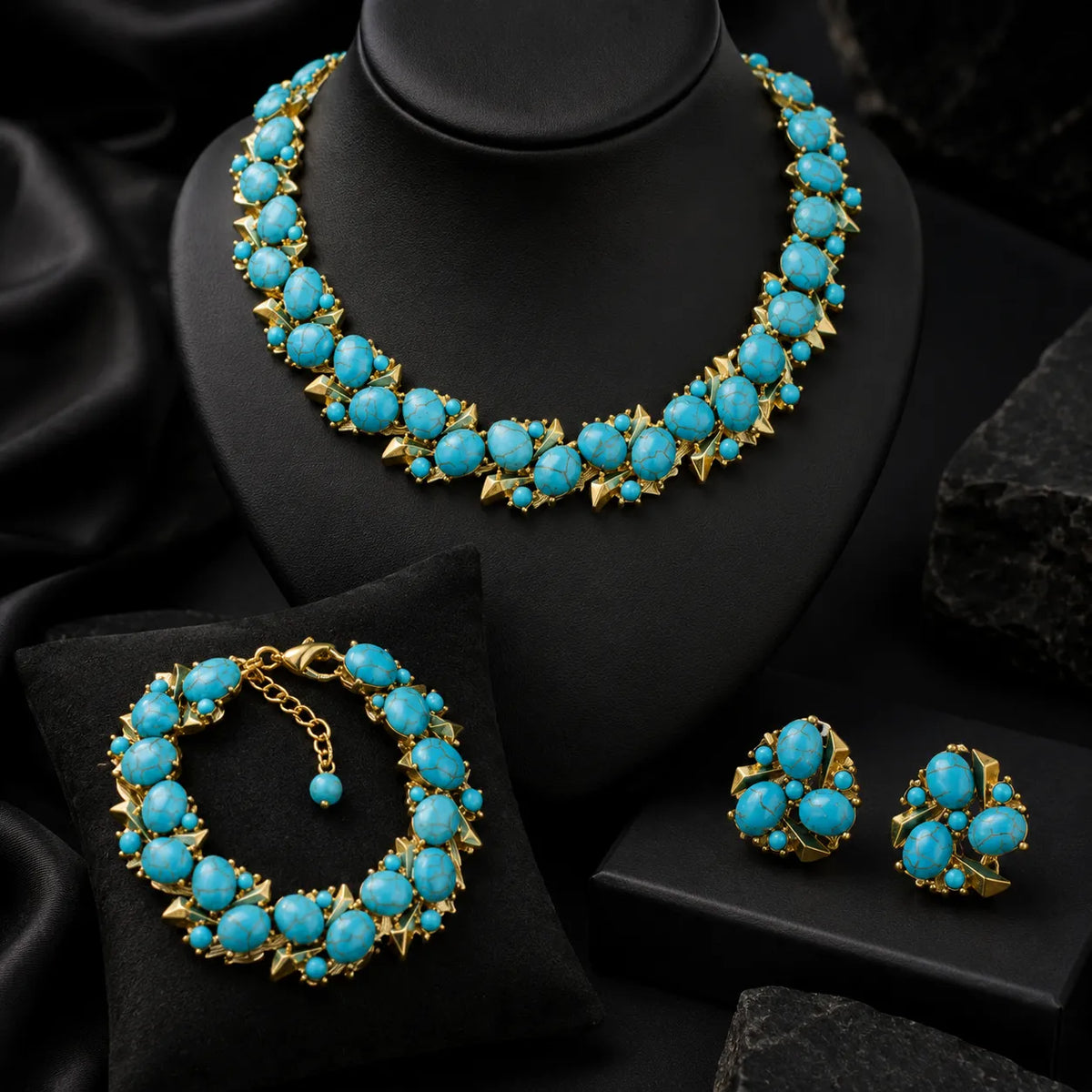 Parure de bijoux de luxe Collier Boucles d'oreilles Bracelet Perles Turquoise