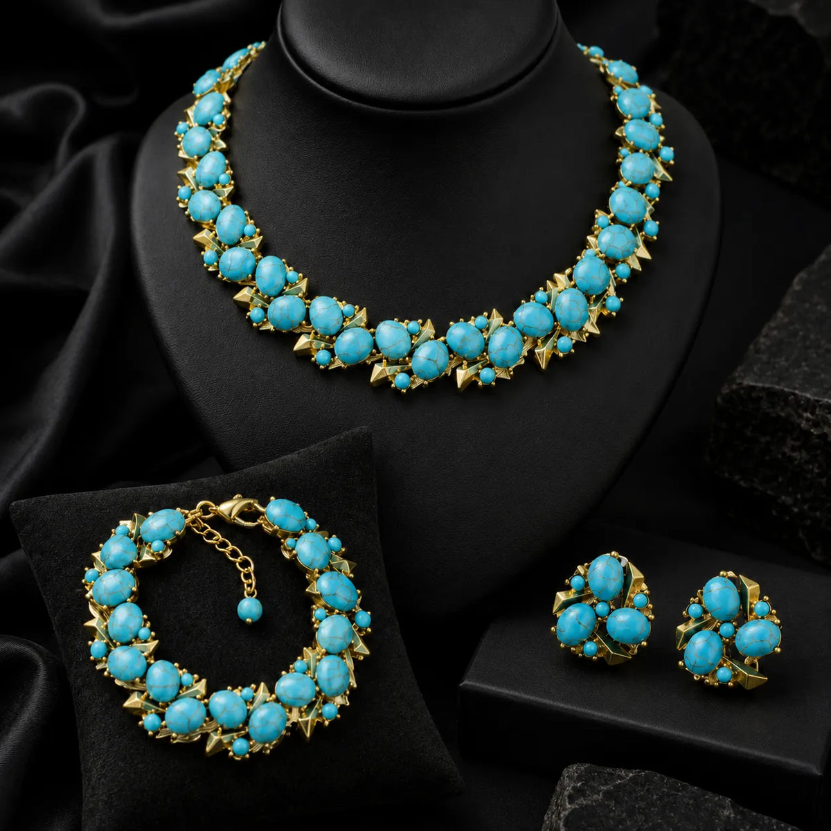 Parure de bijoux de luxe Collier Boucles d'oreilles Bracelet Perles Turquoise