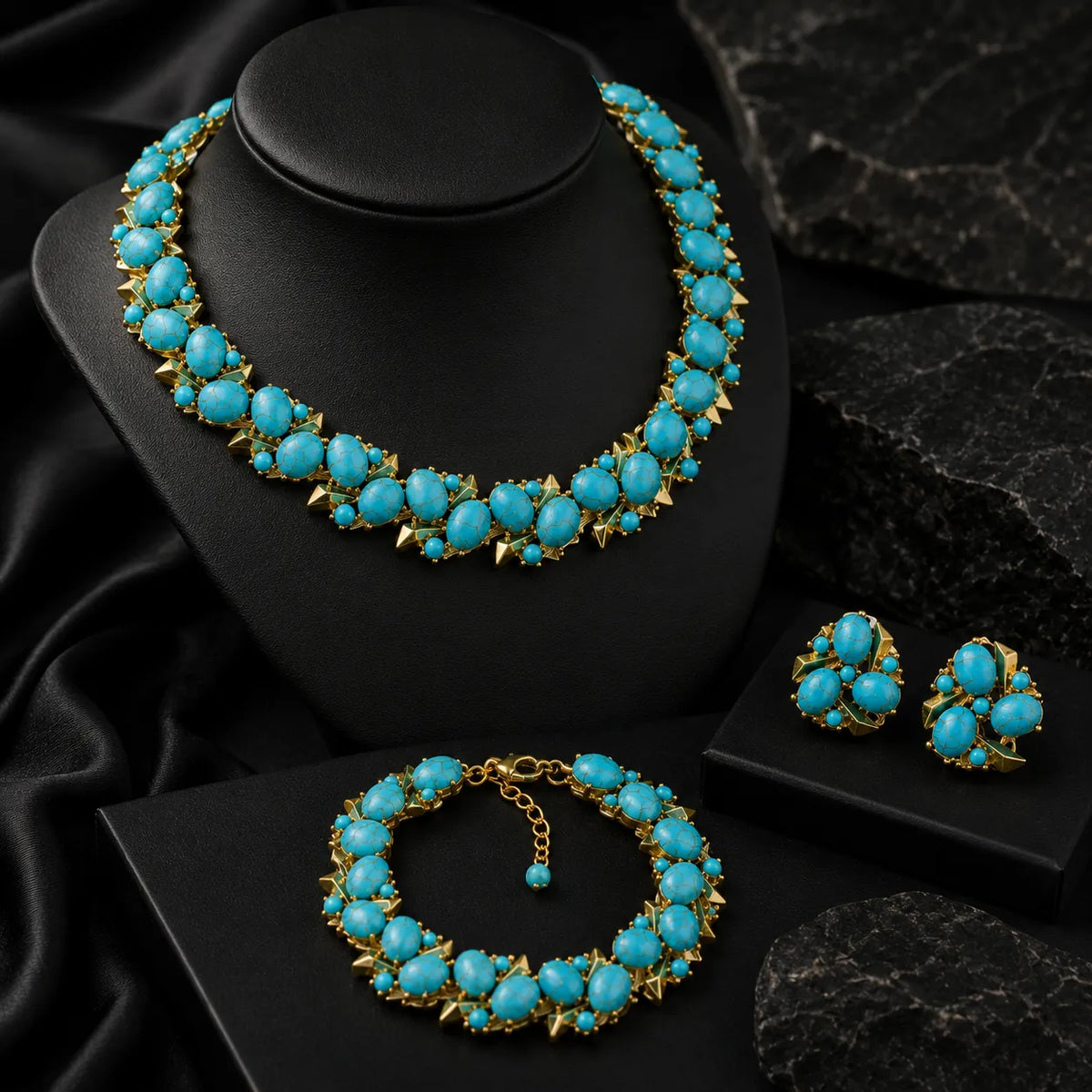 Parure de bijoux de luxe Collier Boucles d'oreilles Bracelet Perles Turquoise