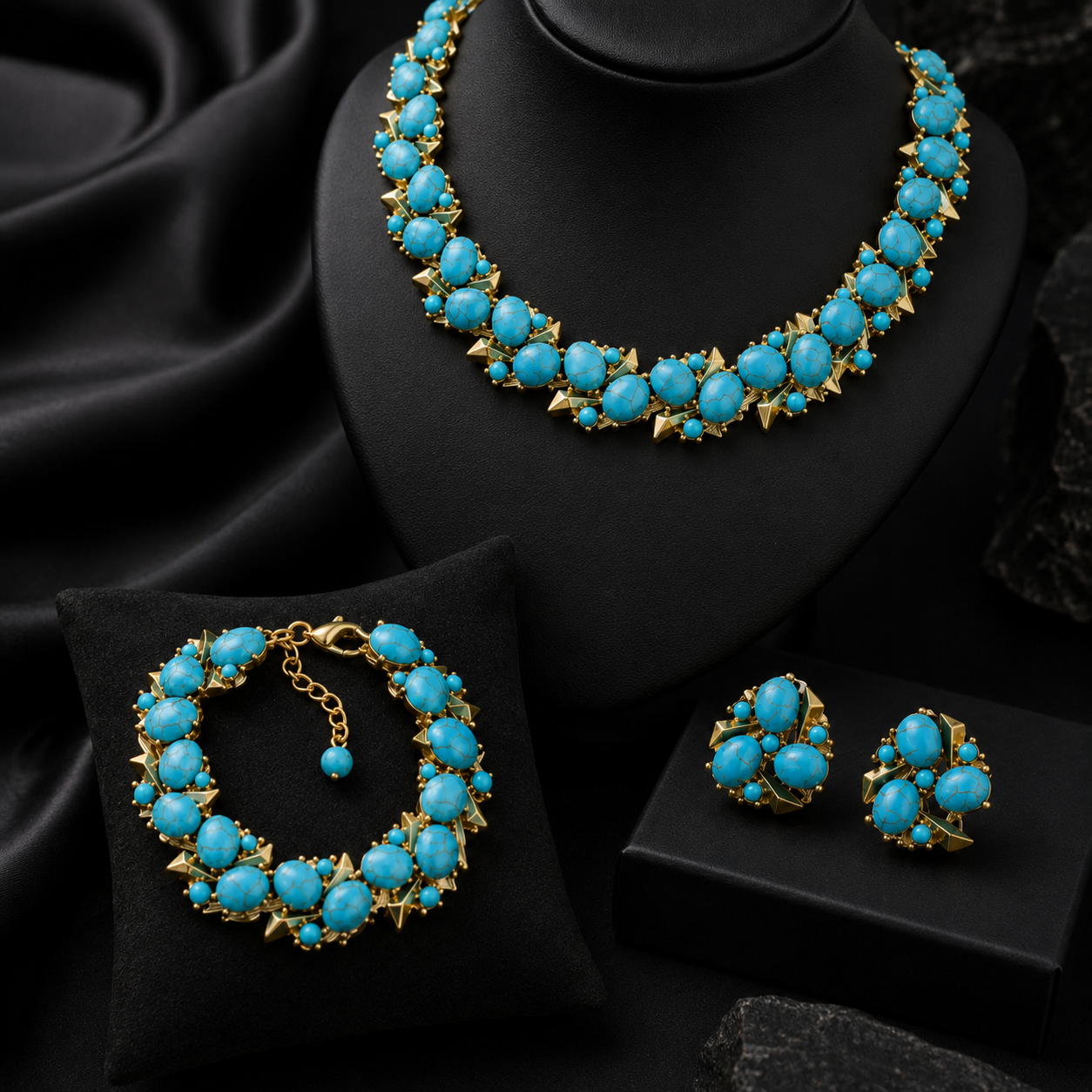 Luxury Turquoise Beaded Necklace Earrings Bracelet Jewelry Set