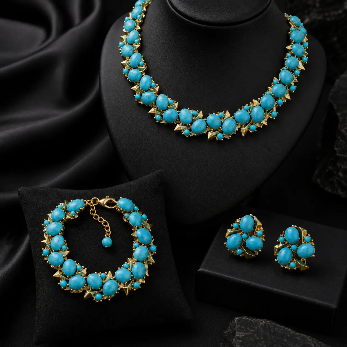 Parure de bijoux de luxe Collier Boucles d'oreilles Bracelet Perles Turquoise