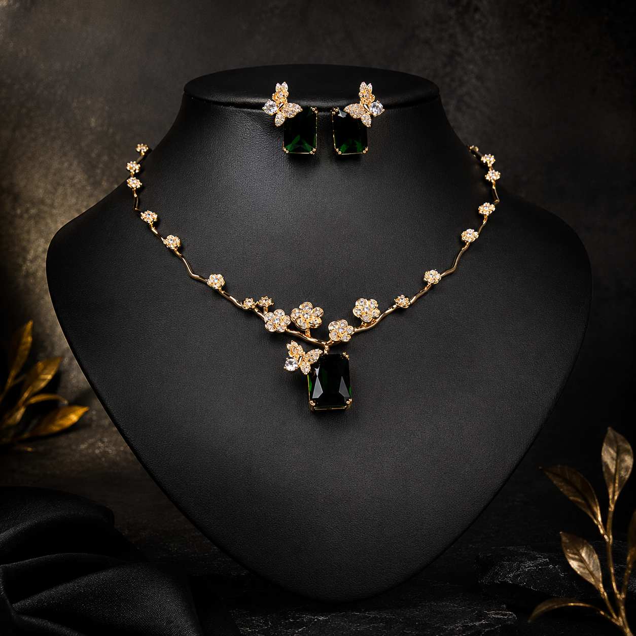 Luxury Green Crystal Flower Necklace and Earrings Jewelry Set