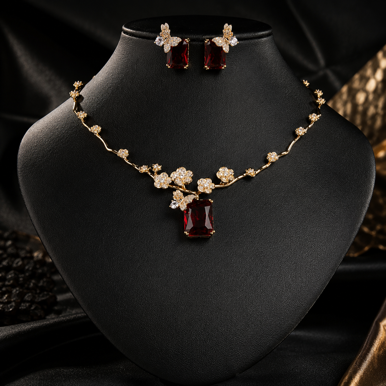 Luxury Green Crystal Flower Necklace and Earrings Jewelry Set