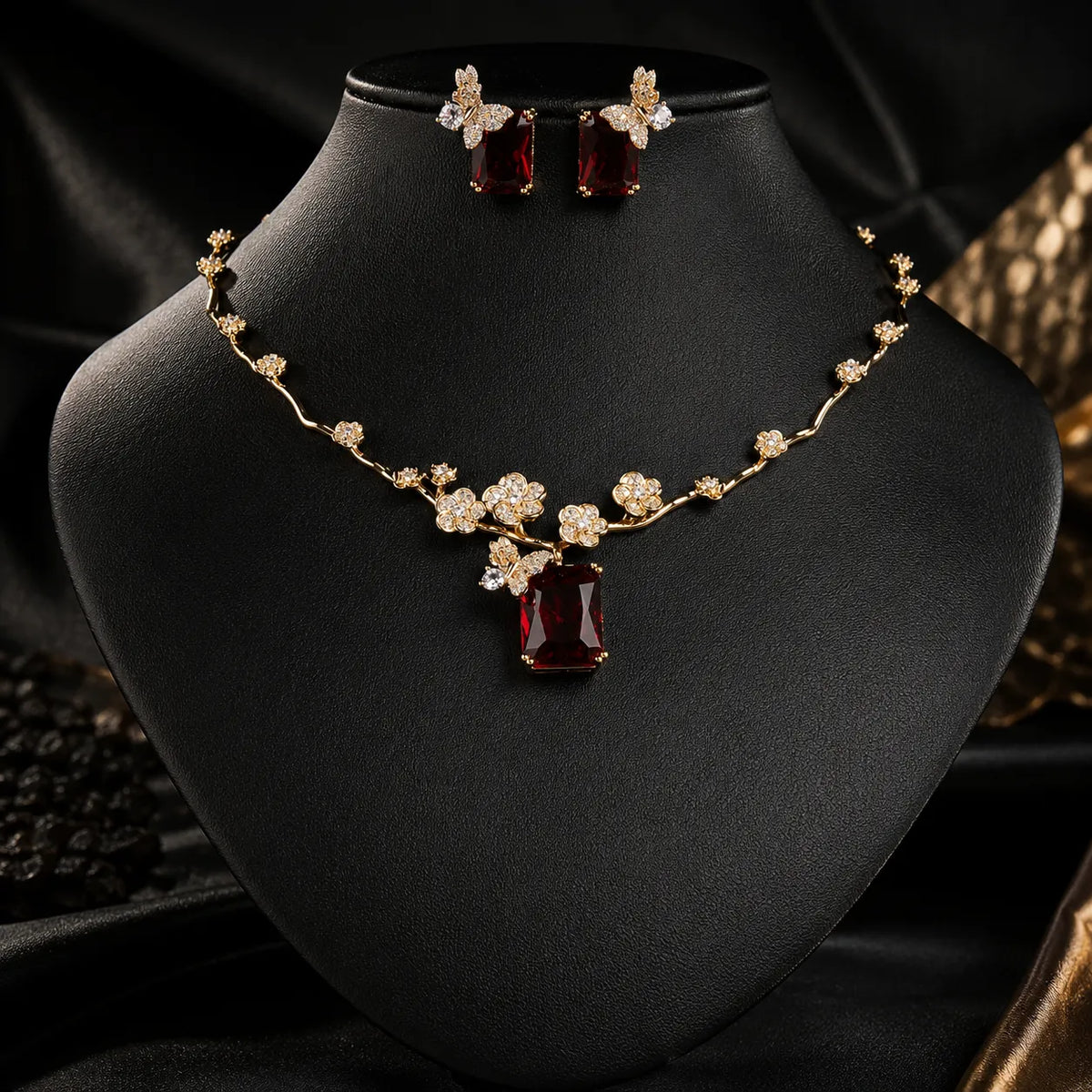 Nouvelle parure collier et boucles d'oreilles carrés rubis