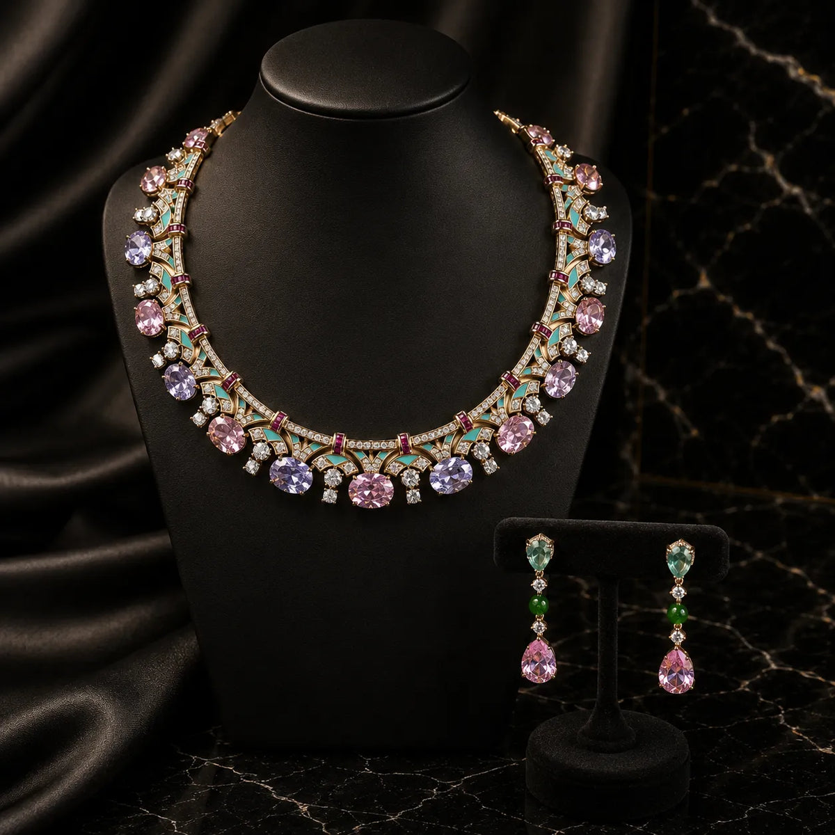 Collier en émail et pierres précieuses plaqué or