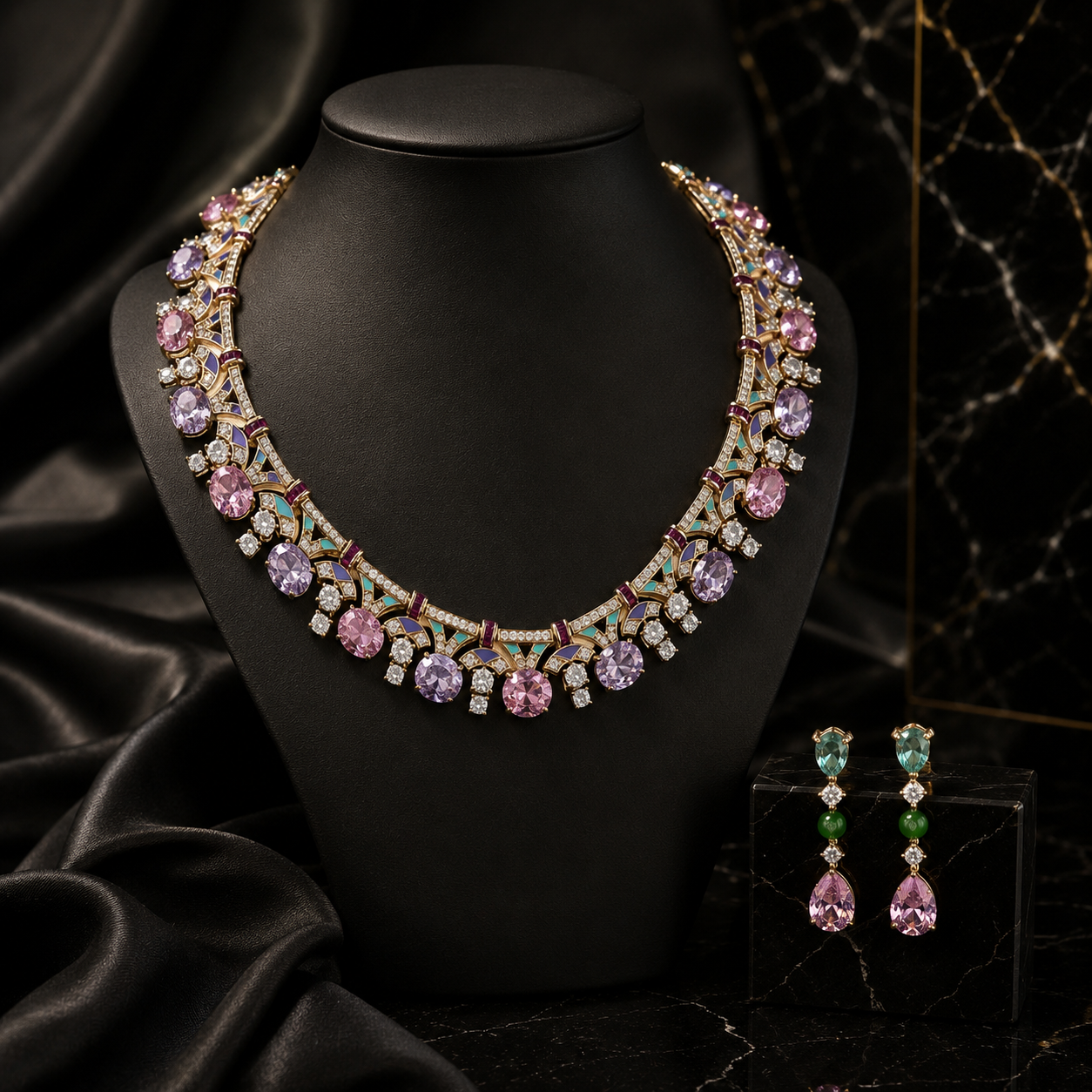 Collier en émail et pierres précieuses plaqué or