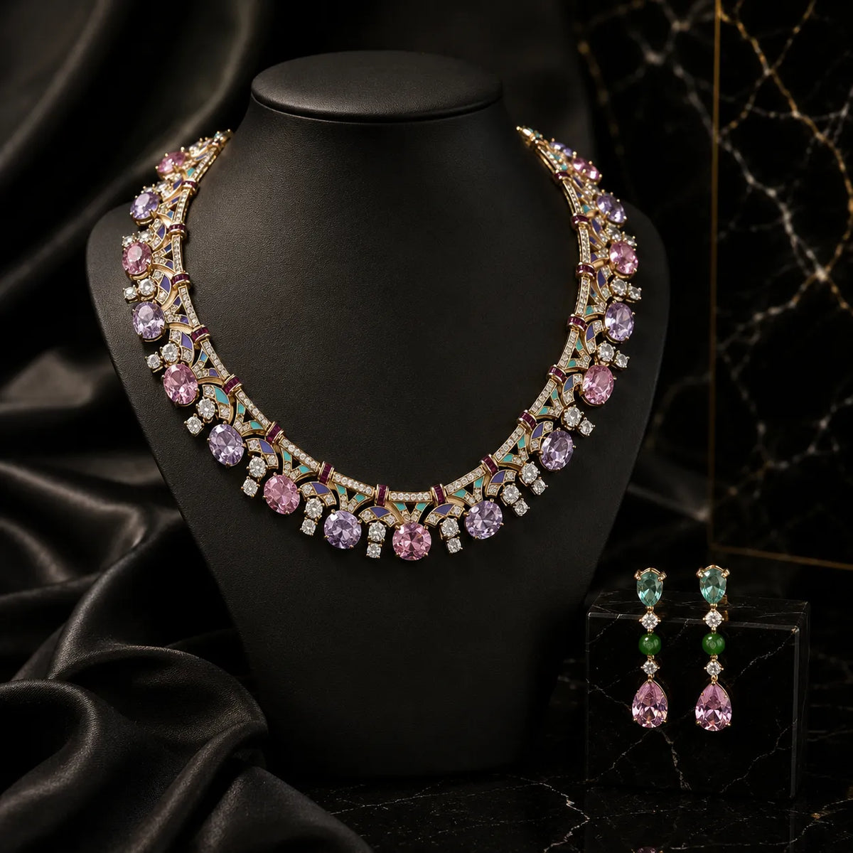 Collier en émail et pierres précieuses plaqué or