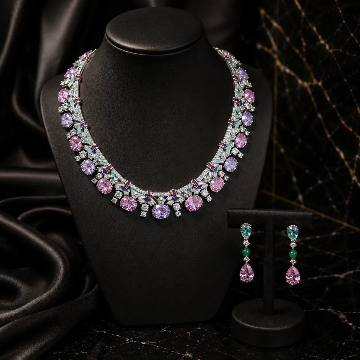 Collier en émail et pierres précieuses plaqué or