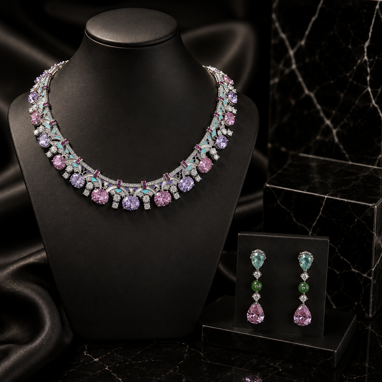 Collier en émail et pierres précieuses plaqué or