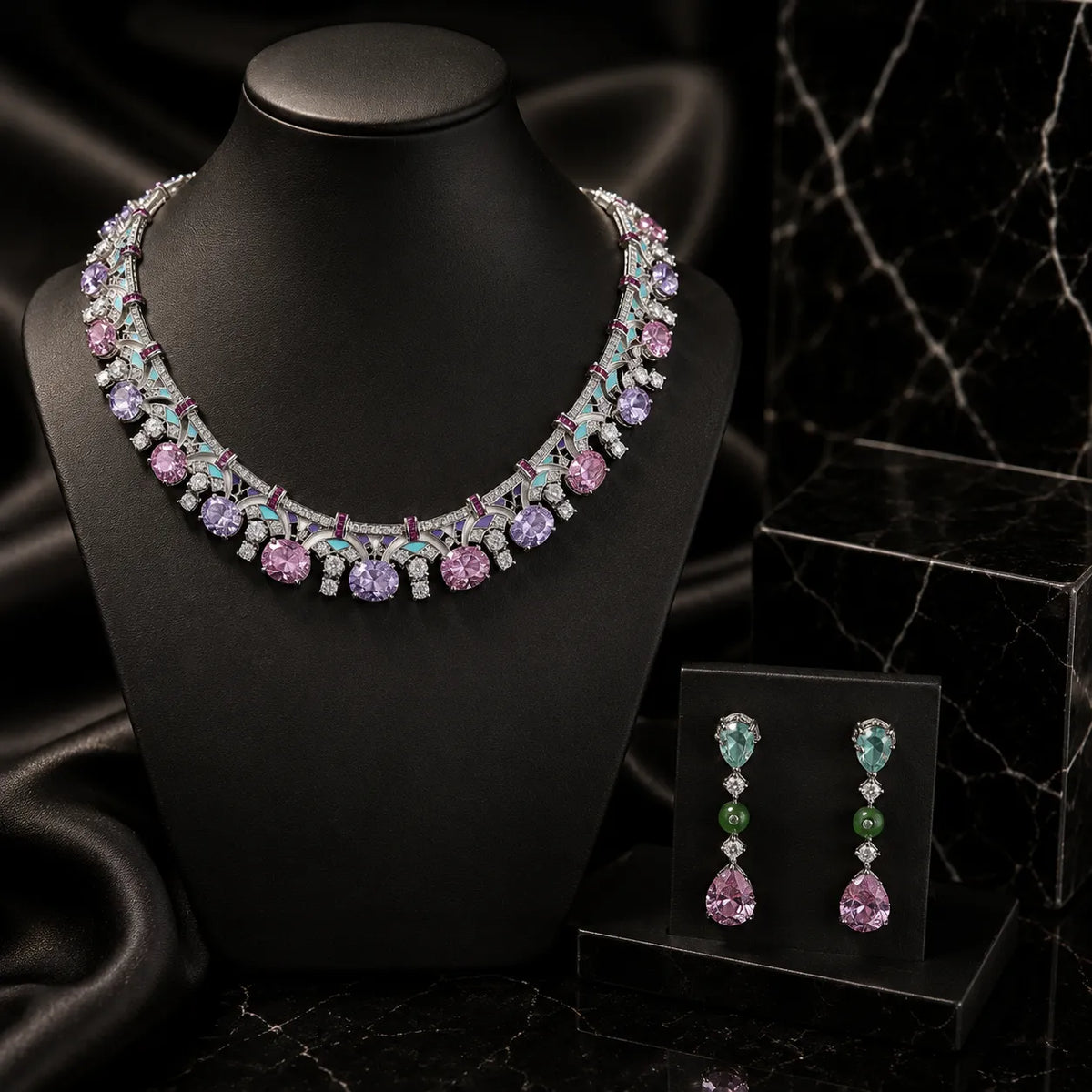 Collier en émail et pierres précieuses plaqué or