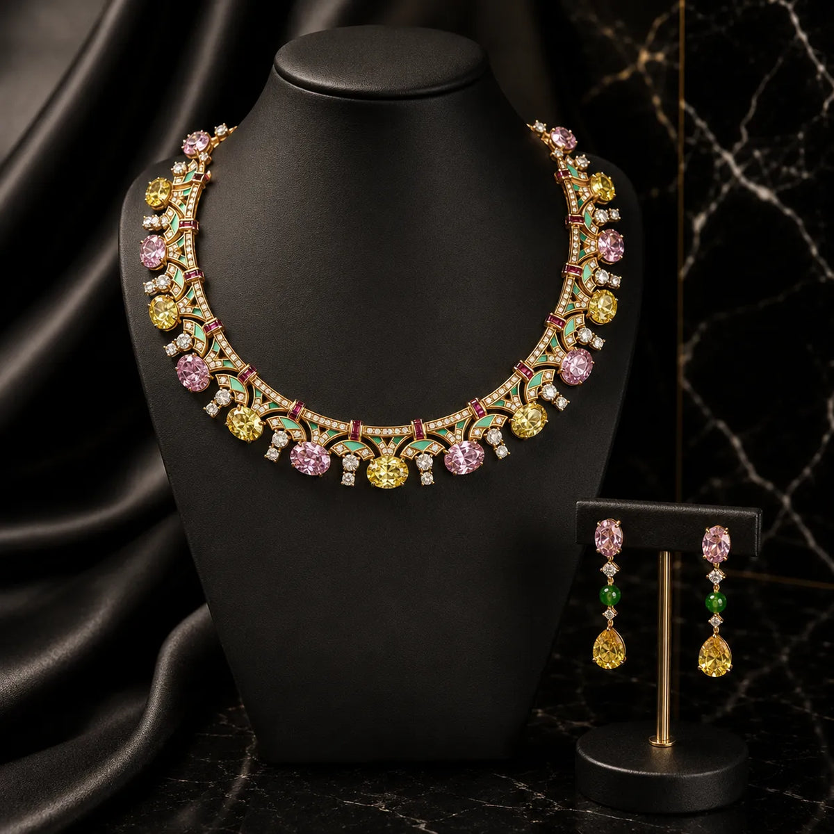 Collier en émail et pierres précieuses plaqué or