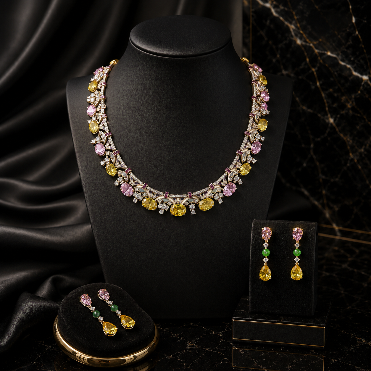 Collier en émail et pierres précieuses plaqué or