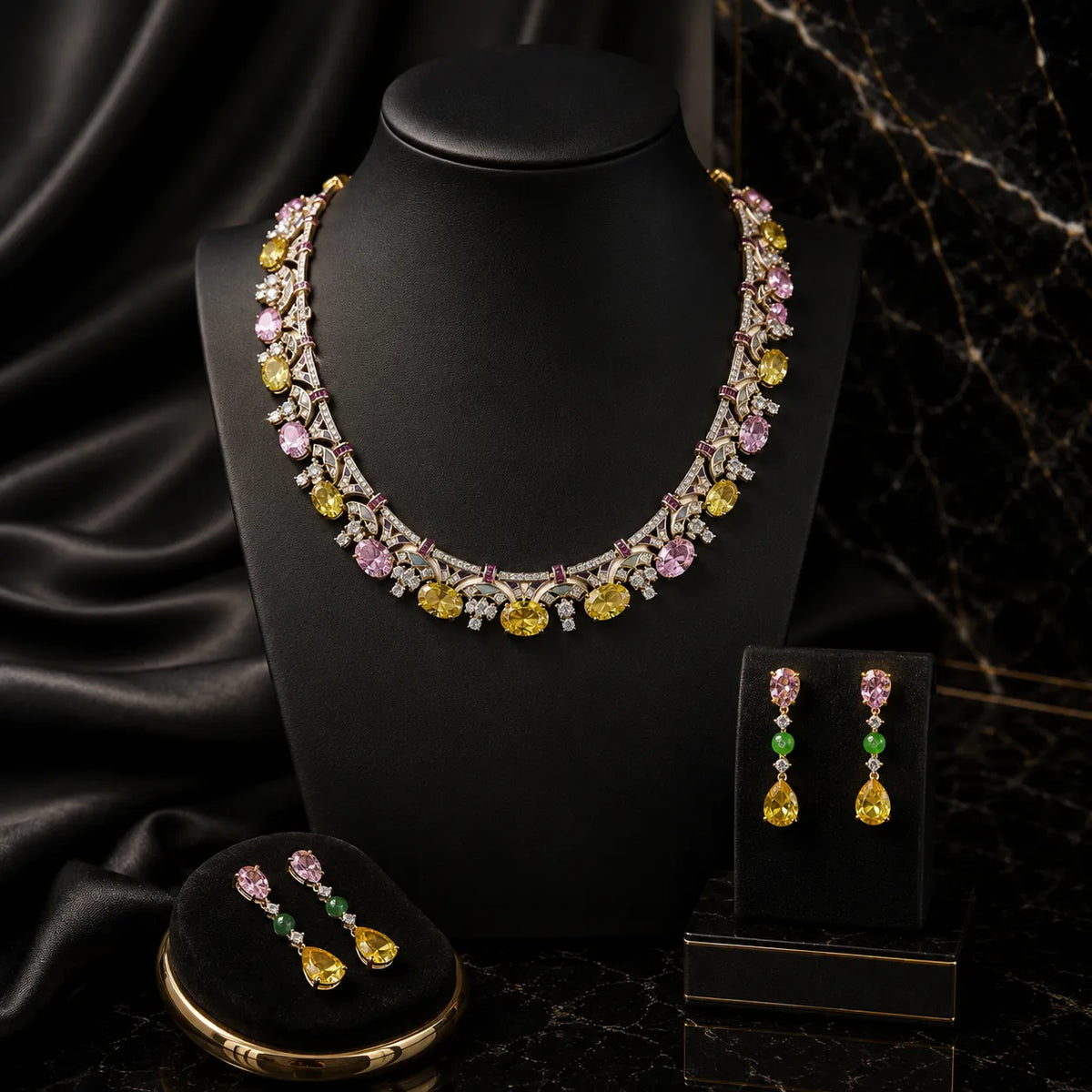 Collier en émail et pierres précieuses plaqué or