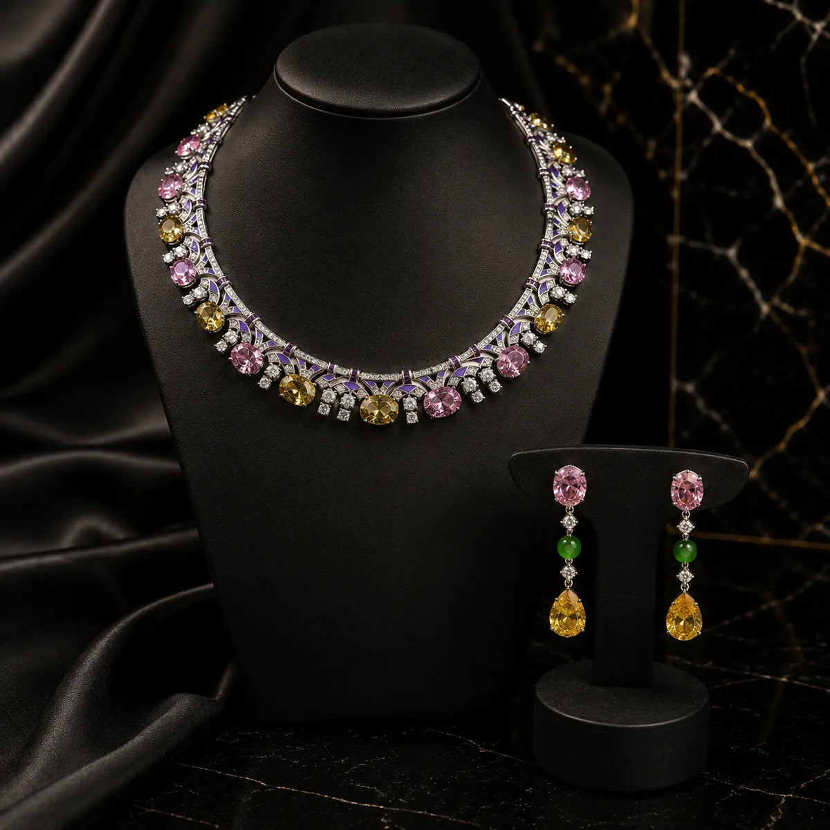 Collier en émail et pierres précieuses plaqué or