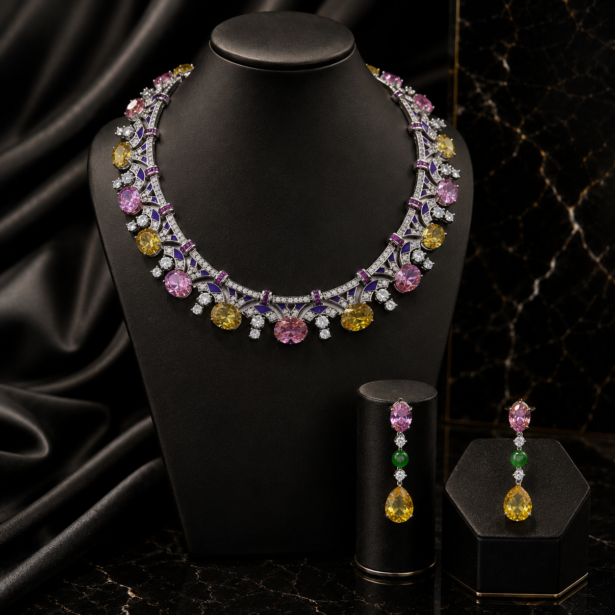 Collier en émail et pierres précieuses plaqué or