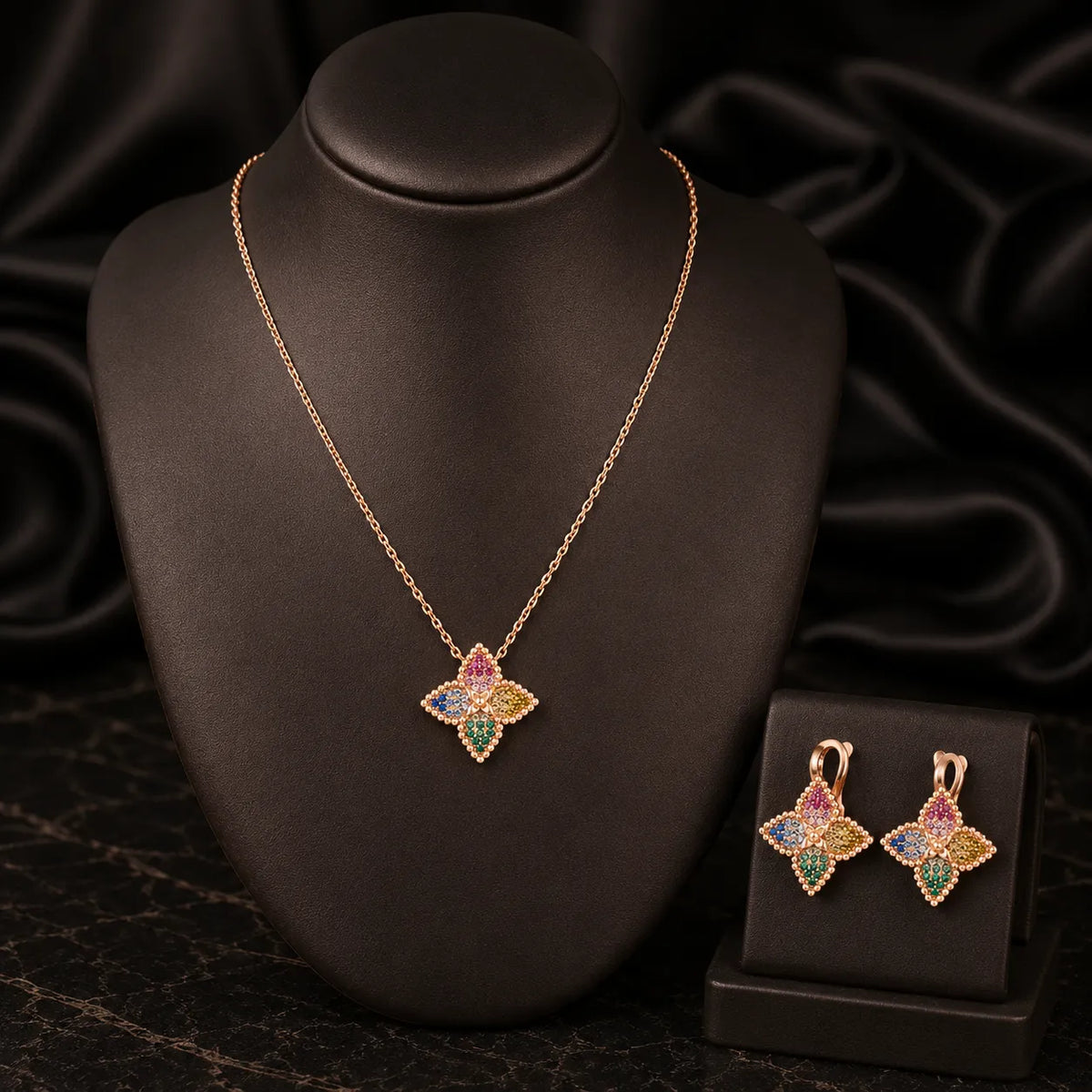 Luxury Multicolor Clover Pendant Necklace and Earrings Jewelry Set for Women