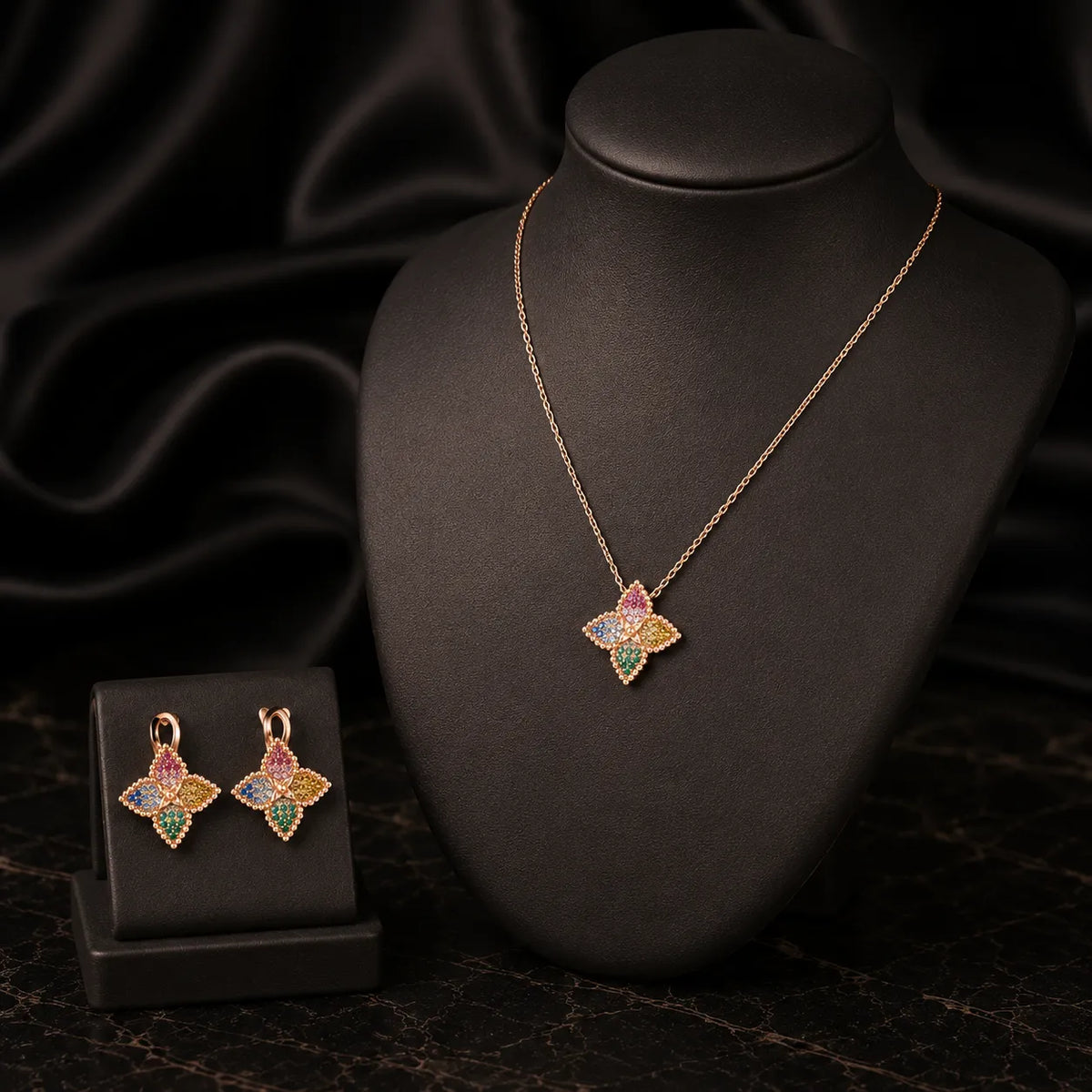 Luxury Multicolor Clover Pendant Necklace and Earrings Jewelry Set for Women