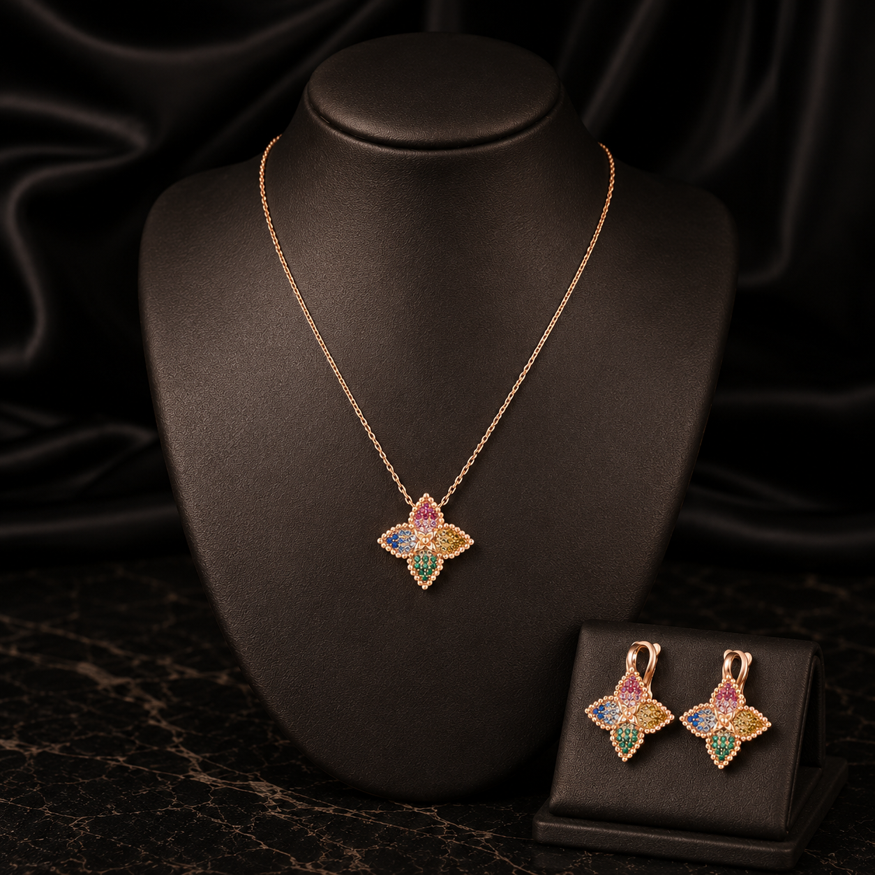 Luxury Multicolor Clover Pendant Necklace and Earrings Jewelry Set for Women