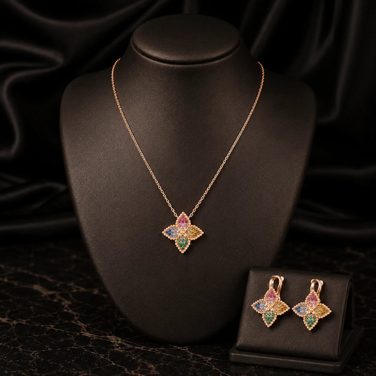 Luxury Multicolor Clover Pendant Necklace and Earrings Jewelry Set for Women