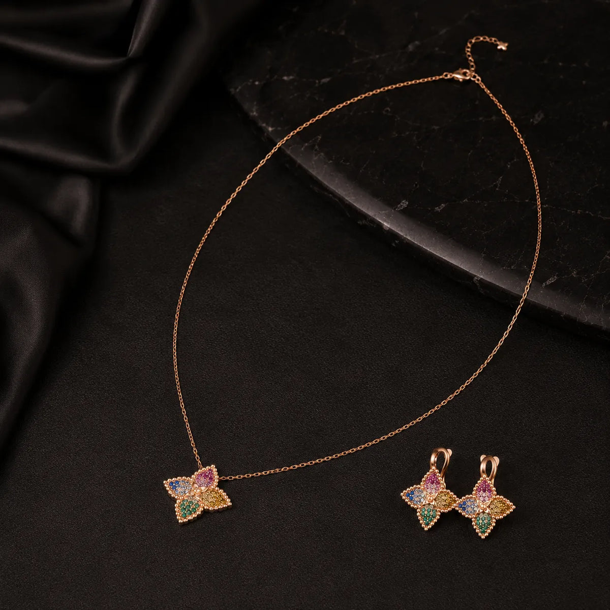 Luxury Multicolor Clover Pendant Necklace and Earrings Jewelry Set for Women