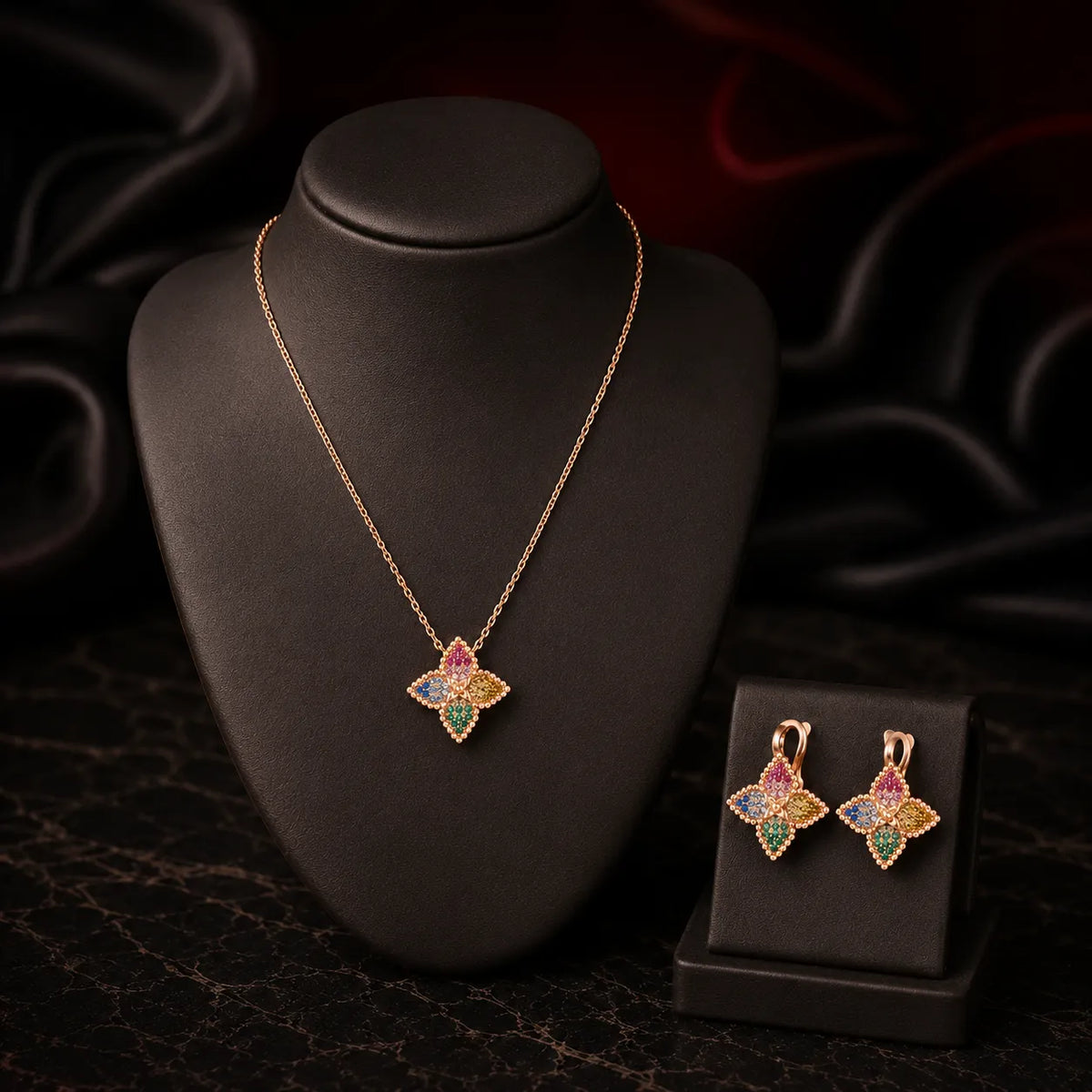 Luxury Multicolor Clover Pendant Necklace and Earrings Jewelry Set for Women