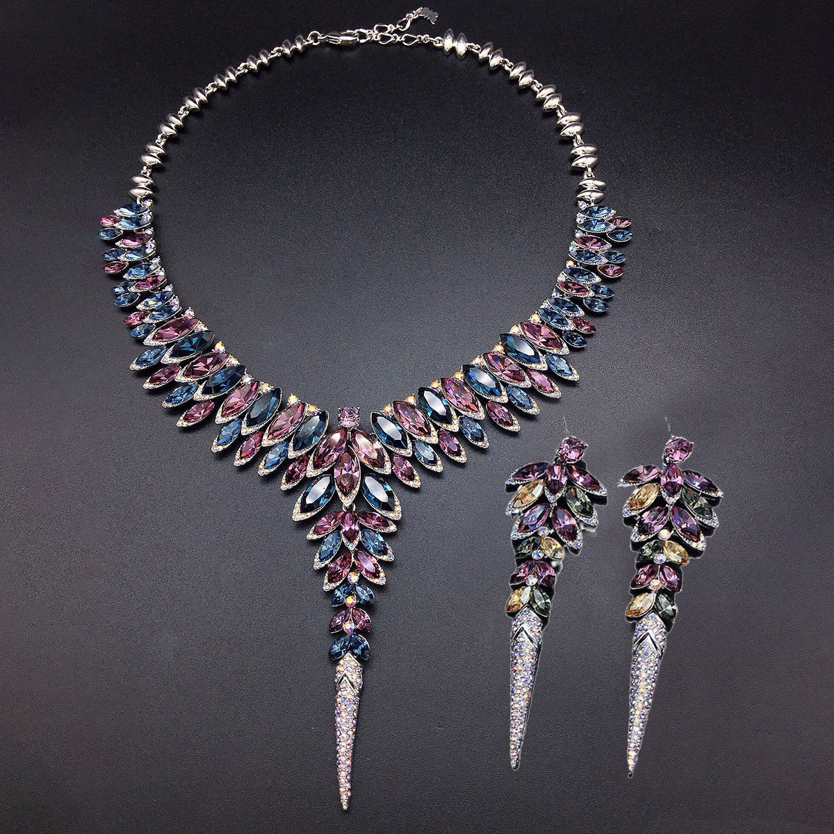 Luxury Blue Marquise Crystal Statement Jewelry Set – Elegant Necklace & Long Earrings