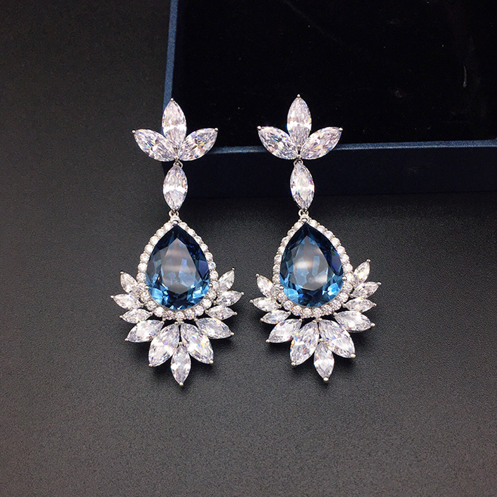 Luxury Sapphire Blue Crystal Floral Drop Earrings for Women
