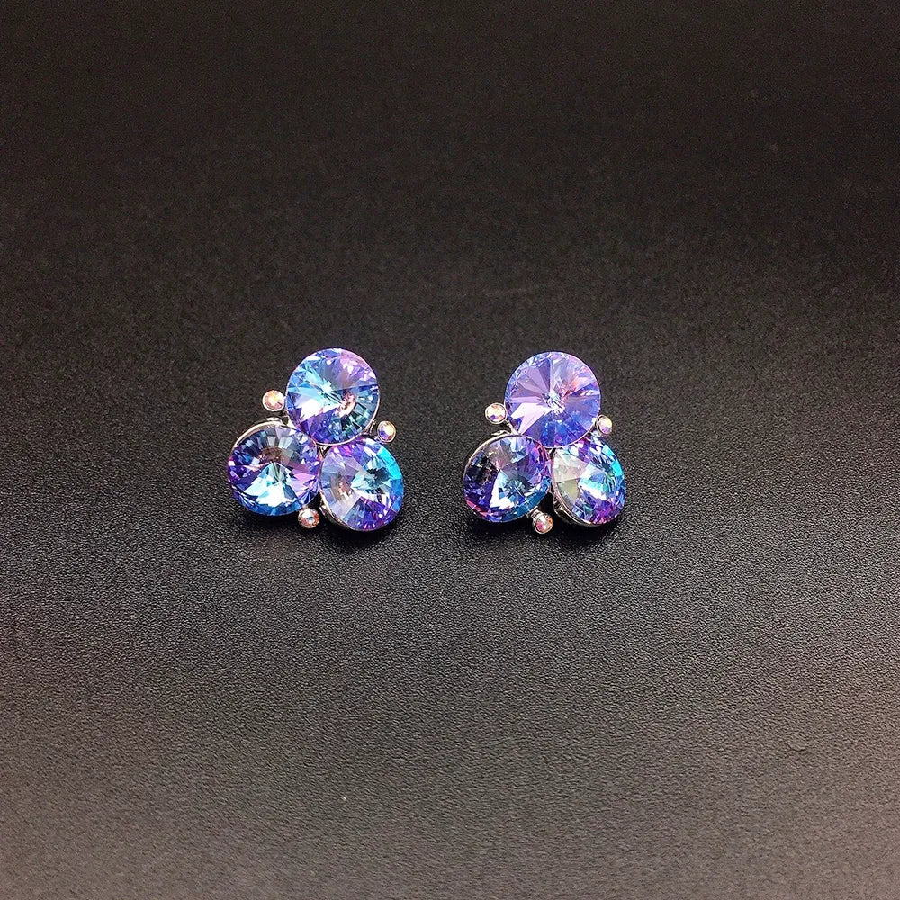 Boucles d'oreilles chic bleues à trois cristaux pour femme