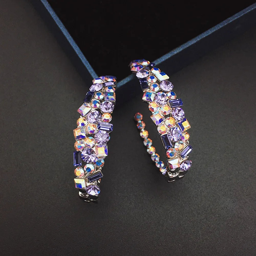 Boucles d'oreilles créoles de luxe en cristal arc-en-ciel pour femmes