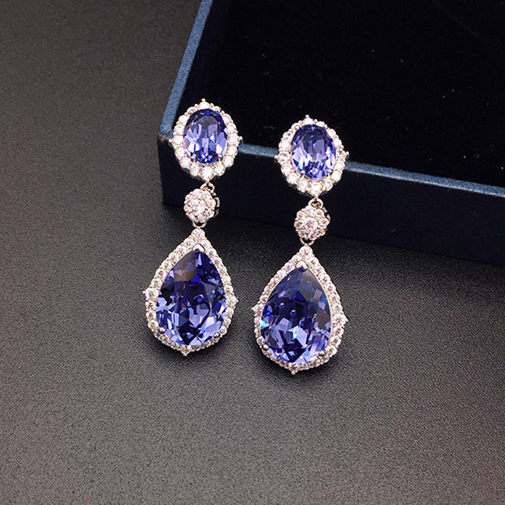 Luxury Sapphire Blue Crystal Halo Drop Earrings for Women