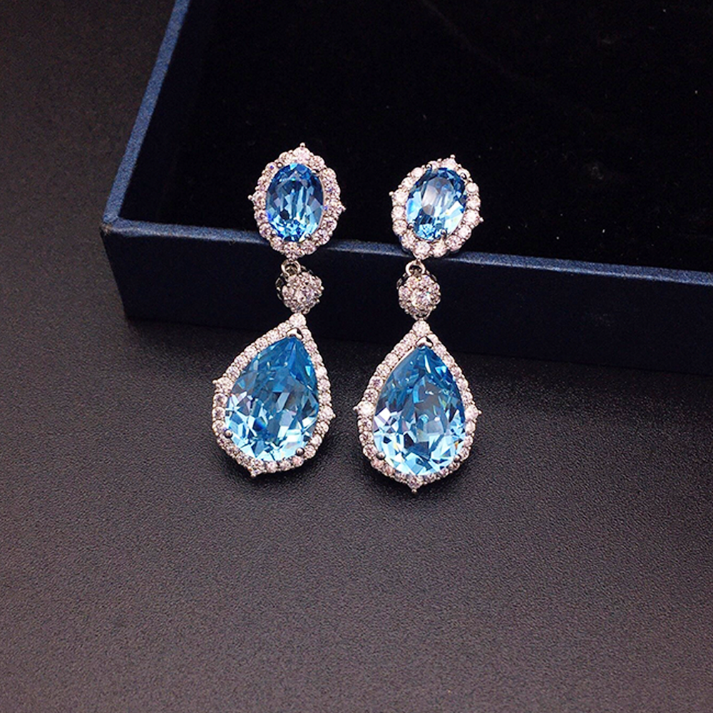Luxury Sapphire Blue Crystal Halo Drop Earrings for Women