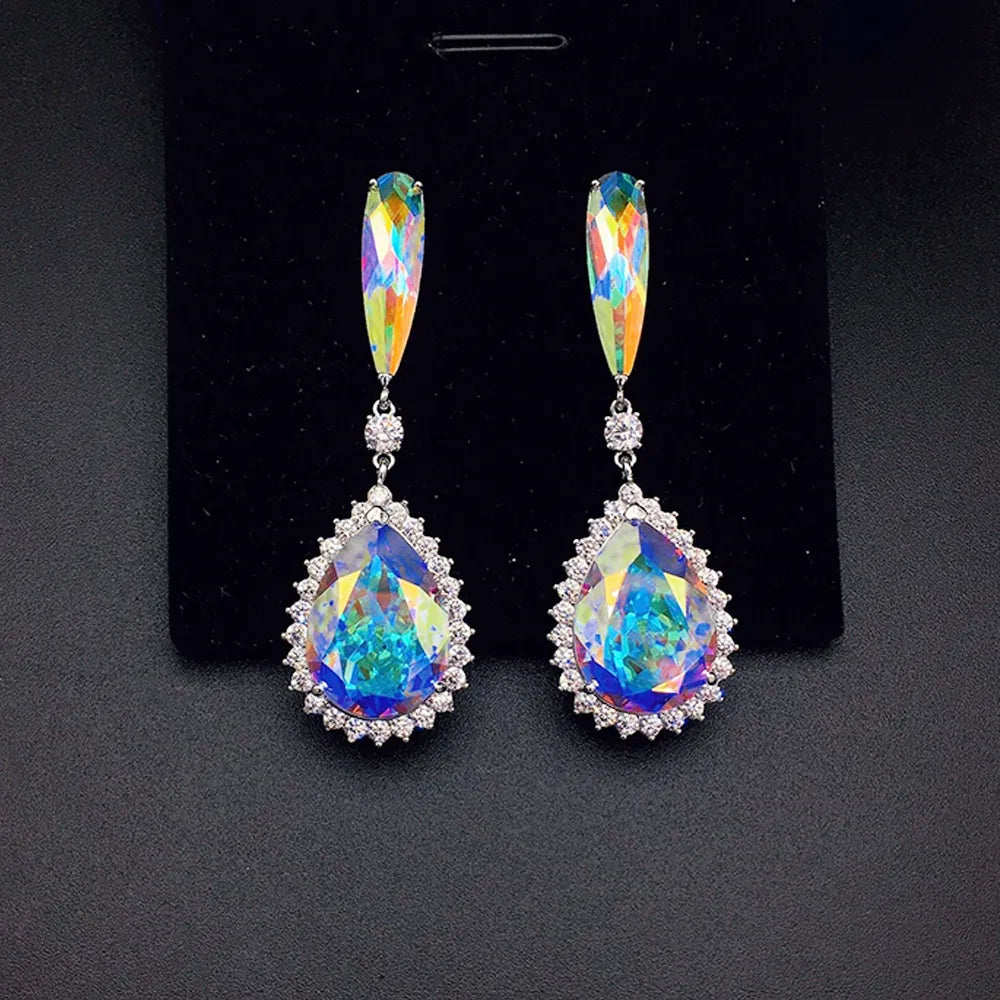 Boucles d'oreilles pendantes halo en cristal bleu saphir de luxe pour femme